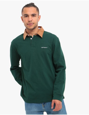 Carhartt WIP L/S Cord Rugby Polo Shirt - Bottle Green/Hamilton Brown/White 50% de réduction en Octobre 2024